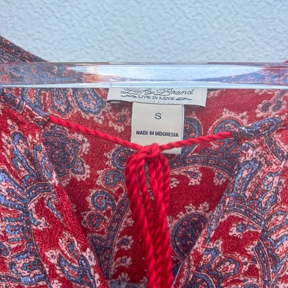 Lucky brand peasant top S paisley print red/blue tasseled boho hippie pleated - Picture 4 of 11